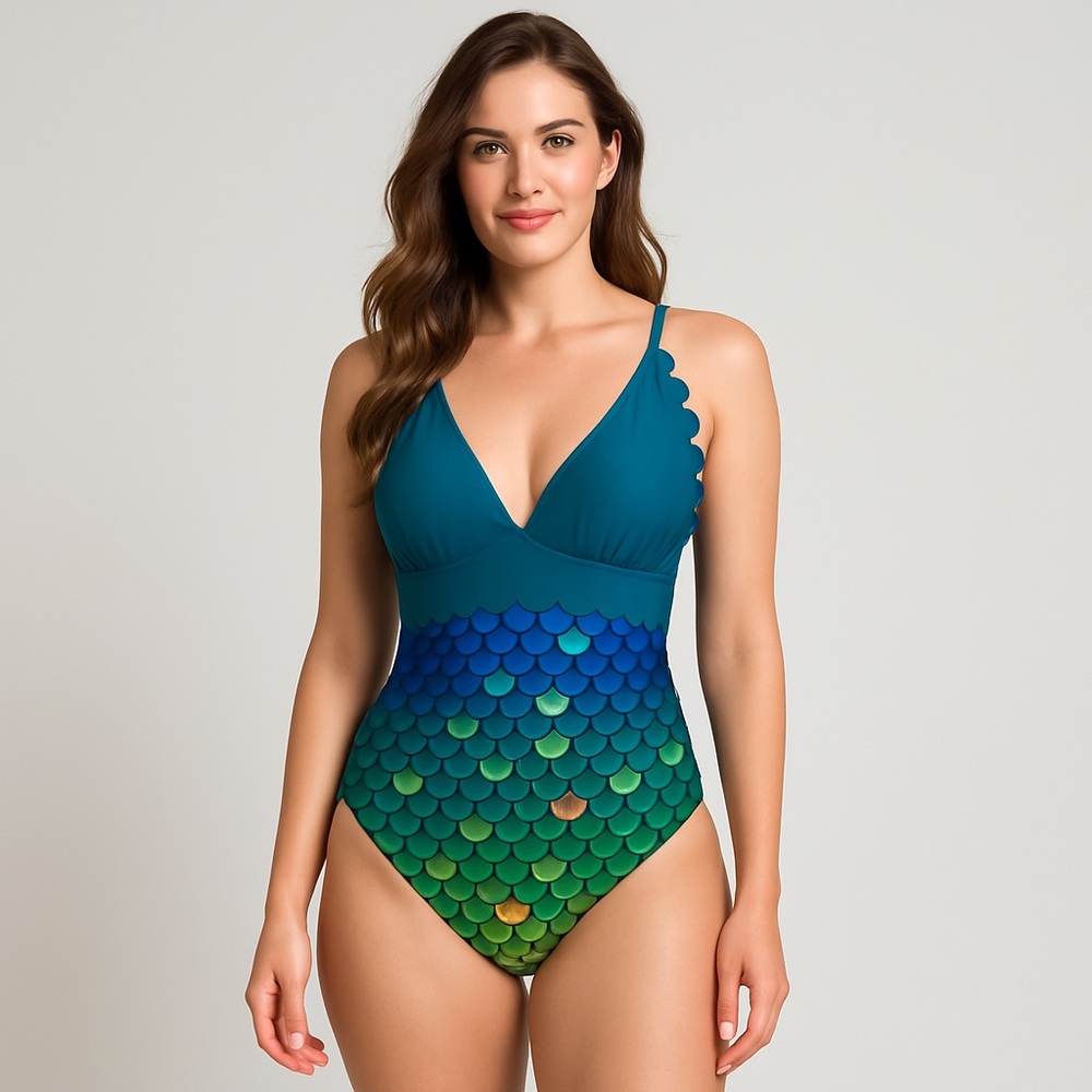 Rosegal Blue and Green One Piece Swimsuit with V-Neck - Picture 2 of 12